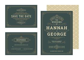 Set wedding invitations flourishes ornaments cards invite save the date and response design vector