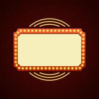 Retro Showtime Sign Design. Cinema Signage Light Bulbs Frame and Neon Lamps on brick wall background. vector