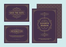 Set wedding invitations flourishes ornaments cards elegant ornate templates. vector