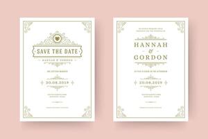 Wedding invitation and save the date cards flourishes ornaments vignette swirls. vector