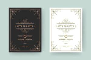 Wedding invitation save the date card template elegant flourishes ornaments vignette swirls illustration. vector