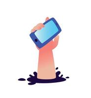 A human hand with a phone asks for help. Flat illustration. A cry for help, a SOS signal, through communication. Image is isolated on a white background. Logo for social movement. Metaphor. vector