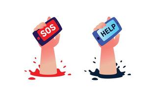 A human hand with a phone asks for help. Flat illustration. A cry for help, a SOS signal, through communication. Image is isolated on a white background. Logo for social movement. Metaphor. vector