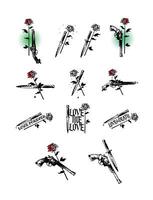 Set of tattoo illustrations, pistols, knives and roses. Cold and firearms. Hipster tattoos. The style of the old American school. Gothic inscriptions. Outline drawing. Retro, vintage. vector