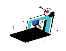 Illustration of a laptop with interface elements. Bright vintage look. Illustration for website or re-presentation. Sales on the Internet. Lead generation. Target with arrows. Advertising. vector