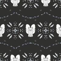 Seamless pattern. Pretty angel cat with closed eyes. Background Dark Gray. vector