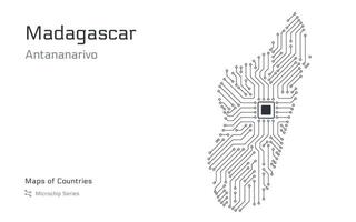 Madagascar Map with a capital of Antananarivo Shown in a Microchip Pattern with processor. E-government. World Countries maps. Microchip Series vector