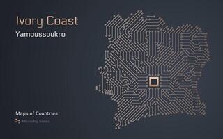 Ivory Coast Map with a capital of Yamoussoukro Shown in a Microchip Pattern with processor. E-government. World Countries maps. Microchip Series vector