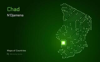 Chad Map with a capital of N'Djamena Shown in a Microchip Pattern with processor. E-government. World Countries maps. Microchip Series vector