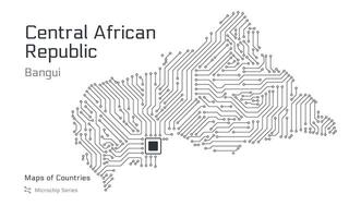 Central African Republic Map with a capital of Bangui Shown in a Microchip Pattern with processor. E-government. World Countries maps. Microchip Series vector