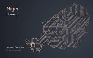 Niger Map with a capital of Niamey Shown in a Microchip Pattern with processor. E-government. World Countries maps. Microchip Series vector