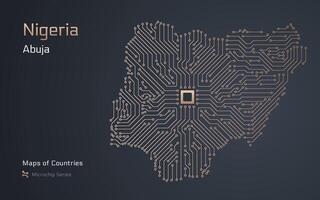 Nigeria Map with a capital of Abuja Shown in a Microchip Pattern with processor. E-government. World Countries maps. Microchip Series vector