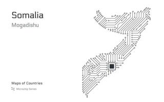 Somalia Map with a capital of Mogadishu Shown in a Microchip Pattern with processor. E-government. World Countries maps. Microchip Series vector