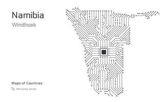 Namibia Map with a capital of Windhoek Shown in a Microchip Pattern. E-government. World Countries maps. Microchip Series vector