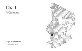Chad Map with a capital of N'Djamena Shown in a Microchip Pattern with processor. E-government. World Countries maps. Microchip Series vector