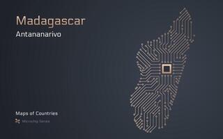 Madagascar Map with a capital of Antananarivo Shown in a Microchip Pattern with processor. E-government. World Countries maps. Microchip Series vector