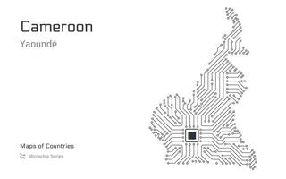 Cameroon Map with a capital of Yaounde Shown in a Microchip Pattern with processor. E-government. World Countries maps. Microchip Series vector