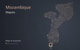 Mozambique Map with a capital of Maputo Shown in a Microchip Pattern. E-government. World Countries maps. Microchip Series vector