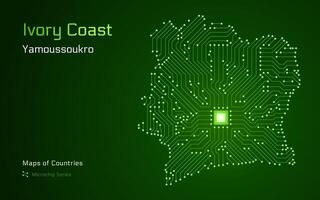 Ivory Coast Map with a capital of Yamoussoukro Shown in a Microchip Pattern with processor. E-government. World Countries maps. Microchip Series vector