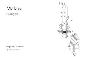 Malawi Map with a capital of Lilongwe Shown in a Microchip Pattern. E-government. World Countries maps. Microchip Series vector