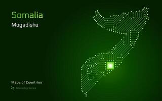 Somalia mapa con un capital de Mogadisio mostrado en un pastilla modelo con procesador. gobierno electrónico. mundo países mapas pastilla serie vector