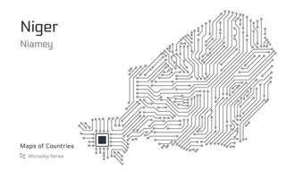 Niger Map with a capital of Niamey Shown in a Microchip Pattern with processor. E-government. World Countries maps. Microchip Series vector