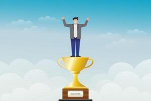 a man stands on a trophy with his hands raised against a cloudy blue sky background vector