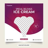 especial delicioso hielo crema social medios de comunicación enviar con púrpura. postre negocio anuncio póster diseño con resumen formas hielo crema rebaja descuento modelo vecto vector