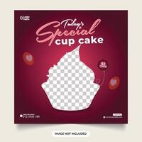 Cake poster sale social media promotion and instagram banner.Cupcake social media post. special cupcake social media banner. dessert template with a dark red background. delicious dessert flyer. vector