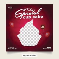 Cupcake social media post. special cupcake social media banner. dessert template with a dark red background and could effect . delicious dessert flyer. instagram banner design template vector