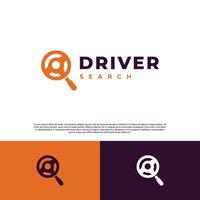 Find driver, steering wheel combine with magnifying glass logo design modern concept vector