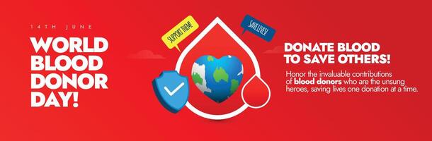 World Blood Donor Day. 14th June World Blood Donor celebration cover banner, social media post with blood bags, drops, earth globe. The Day has the slogan Share Life, Give Blood. vector