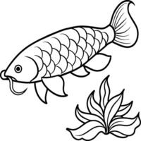 Fish coloring pages for coloring book. Arowana Fish Line Art Black White illustration vector