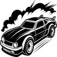 Race car silhouette on white background. Vehicle linocut vector