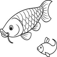 Fish coloring pages for coloring book. Arowana Fish Line Art Black White illustration vector