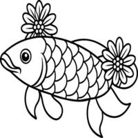 Fish coloring pages for coloring book. Arowana Fish Line Art Black White illustration vector