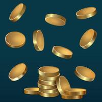 set of gold coins in 3D style on a dark background vector