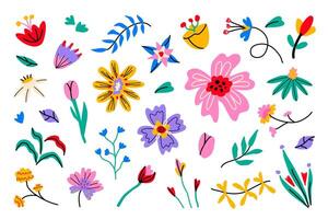conjunto de vibrante moderno resumen flores juguetón brillante decorativo hojas, flores y ramas en minimalista estilo. mano dibujado caprichoso aislado clipart vector