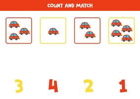 Counting game for kids. Count all red toy cars and match with numbers. Worksheet for children. vector