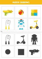 Find shadows of cute cartoon toys. Cards for kids. vector