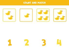 Counting game for kids. Count all rubber ducks and match with numbers. Worksheet for children. vector