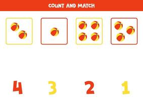 Counting game for kids. Count all beach balls and match with numbers. Worksheet for children. vector