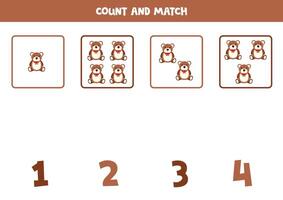 Counting game for kids. Count all teddy bears and match with numbers. Worksheet for children. vector