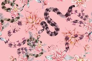 Seamless pattern of snake illustration decorated with lilies on pink background.Designed for fabric luxurious and wallpaper, vintage style.Botanical background. vector