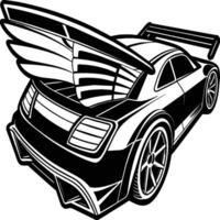 Race car silhouette on white background. Vehicle linocut vector