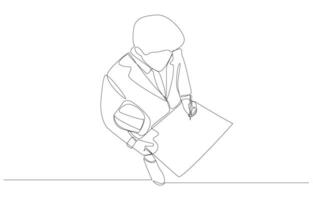Continuous one line drawing of engineer reviewing construction design document from high angle view, construction related business concept, single line art. vector