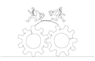 Continuous one line drawing of two businessmen swapping their cogwheels, job rotation or switching job positions concept, single line art. vector