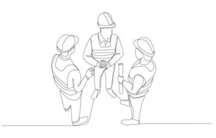 Continuous one line drawing of engineering team discussing construction project, construction related business concept, single line art. vector