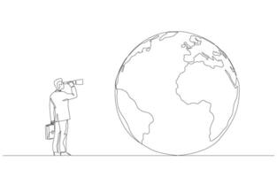 Continuous one line drawing of businessman looking globe through telescope, global business and investment opportunity concept, single line art. vector