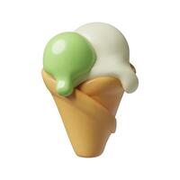 Pistachio ice cream cone 3d emoji with scoops of green melting ice cream in waffle cup vector